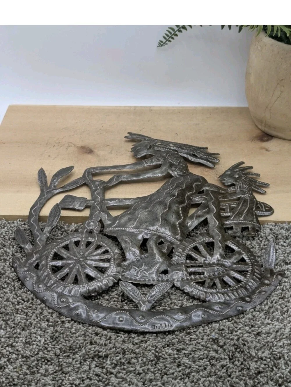 Haitian Recycled Steel Mom And Daughter On A Bike + Girl Shopping On A Bike